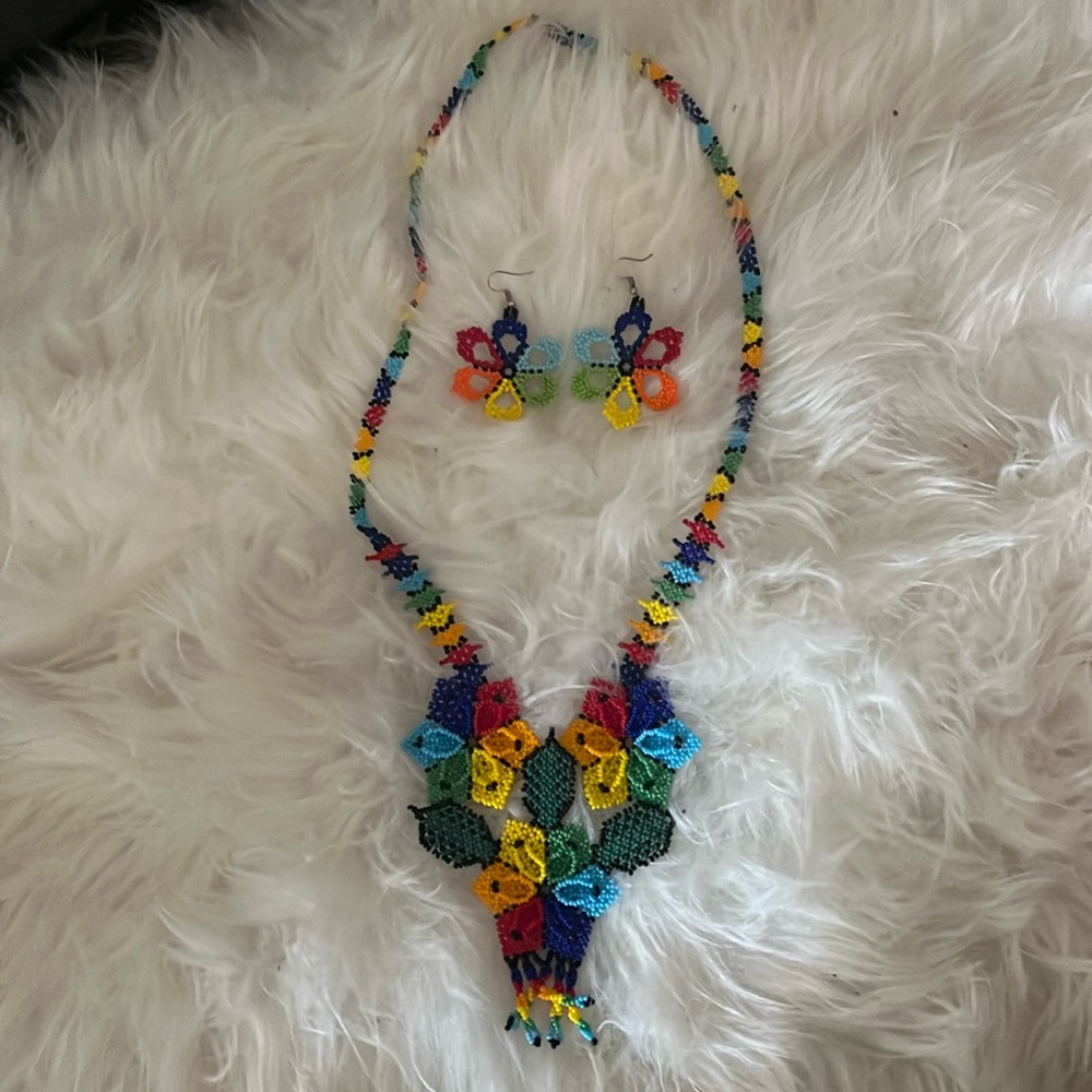 Colorful Handmade beaded flower necklace and earrings